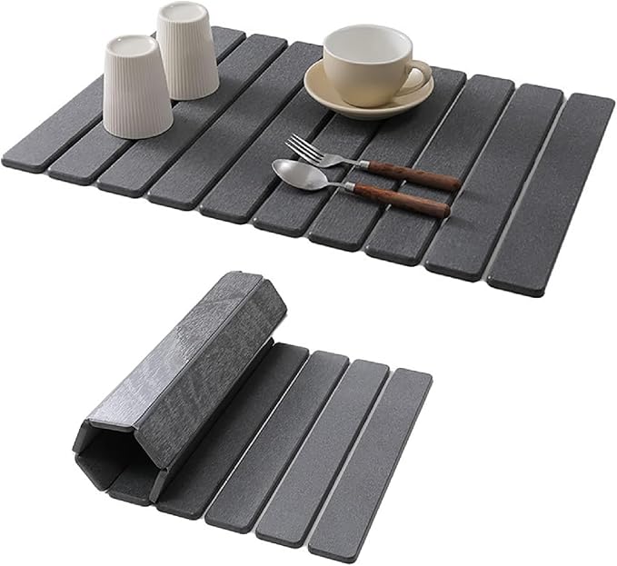Large Stone Dish Drying Mat for Kitchen Counter - 23"x 15" Super Absorbent Diatomaceous Earth Fast Drying Mat - Collapsible, Easy-to-Clean, Minimalist Design