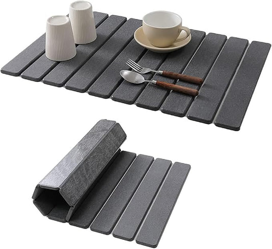 Large Stone Dish Drying Mat for Kitchen Counter - 23"x 15" Super Absorbent Diatomaceous Earth Fast Drying Mat - Collapsible, Easy-to-Clean, Minimalist Design