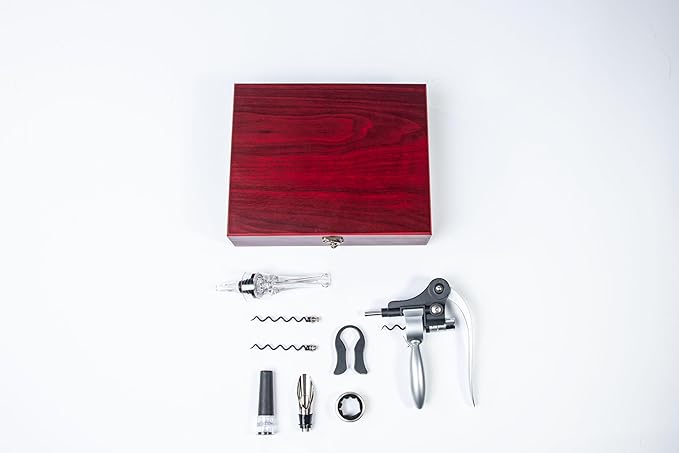 Wine Bottle Opener Set with Accessories Matte Silver in Wood Box, Aerator, Extra Screws, Foil Cutter, Pourer, Vaccu Stopper, Winged Wine Opener, Rabbit Red Wine Corkscrew Set (Matte Silver)