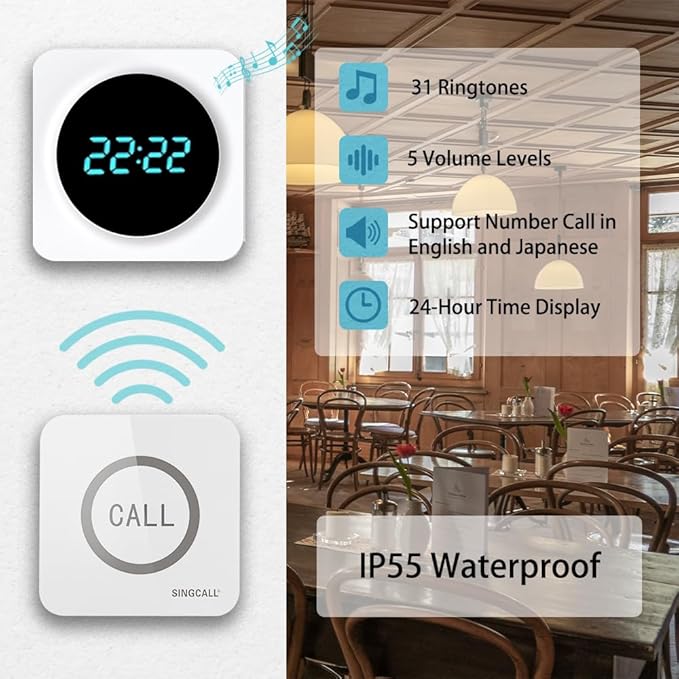 SINGCALL Restaurant Pager System Waiter Calling System Pagers and Beepers for Kitchen,Fast Food,Hotel,Restaurants,Cafe,Bar to Call Waiters 16 Waterproof Wireless Call Buttons 2 Number Display Receiver