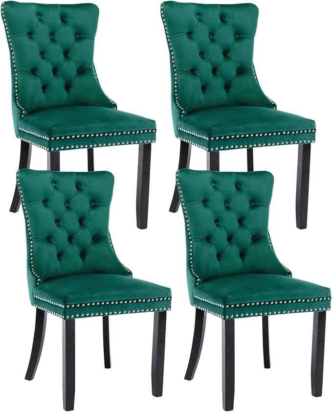Green Velvet Dining Chairs Set of 4, Upholstered Dining Room Chairs with Back Ring Pull Trim and Solid Wood Legs, Tufted Wingback Kitchen Chairs for Dining Room,Living Room,Kitchen(Green)