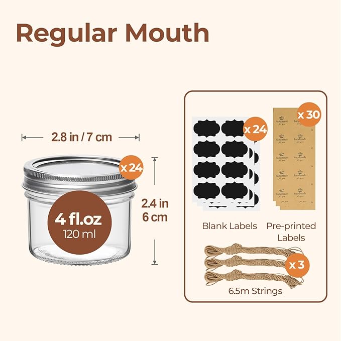 ComSaf Small Regular Mouth Mason Jars Bulk 4oz 24PCS Mini Mason Containers, Small Canning Jars, 4 oz Glass Jar with Lids for Mustards, Dipping Sauces, Jelly, DIY Candle Decor, Wedding Shower Favors