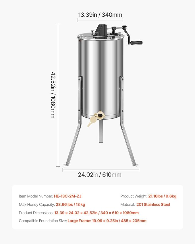 VEVOR Honey Extractor, 2 Frame Manual Honey Extractor with Transparent Lid, Stainless Steel Honeycomb Drum Spinner with Height Adjustable Stand,Honeycomb Extraction Centrifuge Equipment for Beekeeping