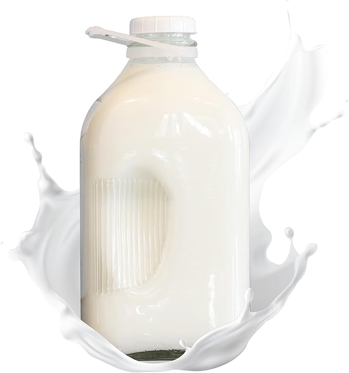 The Dairy Shoppe Heavy Glass Milk Bottle - Jug with Lid and Silicone Pour Spout - Clear Milk Container for Fridge - Reusable Glass Milk Jug Dispenser - Made in USA (64 oz, 1 Pack)