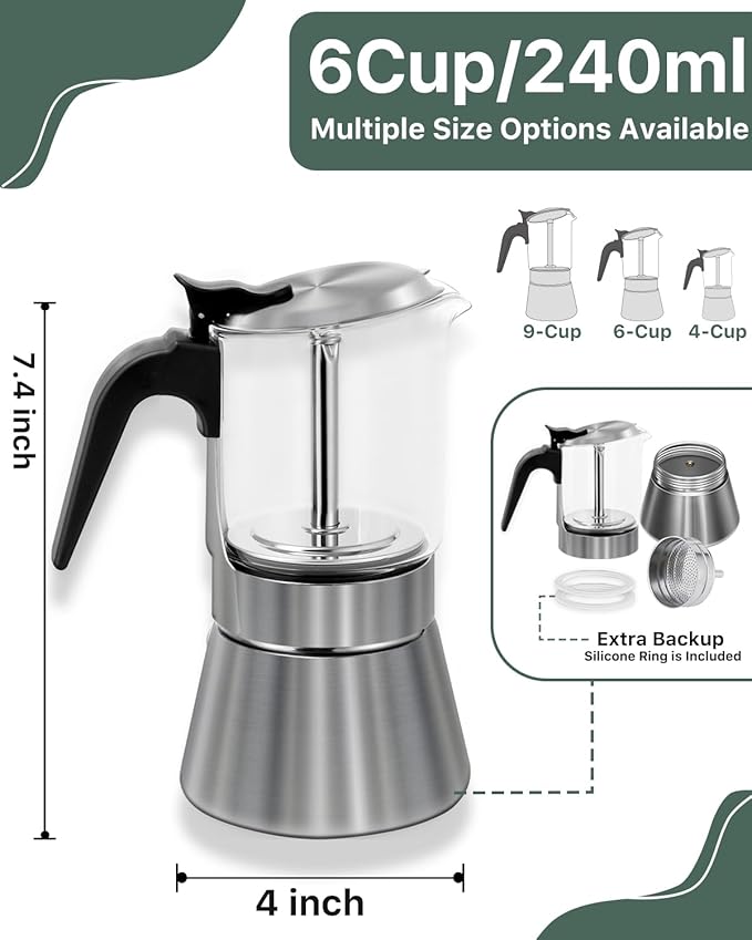 Grasseed Crystal Glass-Top Moka Pot, Polished Stainless Steel Stovetop Espresso Maker for Italian Coffee, Gift for Coffee Lovers - 6 Cup/240ml/8.4oz