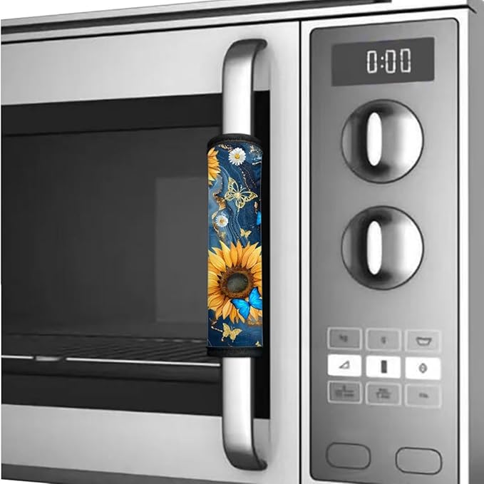 6 PCS Fridge Oven Door Handle Covers Kitchen Electrical Appliance Decor Handles Washable Fabric Indoor Decor Keep Off Stains Dust Fingerprint, Marble Sunflower Butterfly Daisy Dark Blue