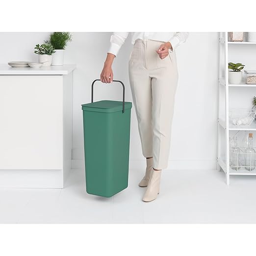 Brabantia Sort & Go Kitchen Recycling Bin | L / 10.6 Gal / 40L | Fir Green | Removable Stay-Open Lid, Carry Handle | Trash Can for Bottles, Cans, Paper, Glass | Wall Bracket Sold Separately