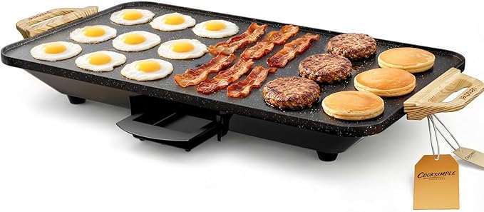 CookSimple Everyday 20x12 Inch Electric Griddle with 1700W Fast Even Heating&ILAG Granite Nonstick Surface – Large Flat Griddle Perfect for Family Meals, Pancakes–Easy to Clean, Granite Black