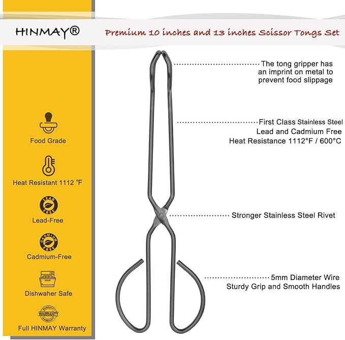 10" 13" Stainless Steel Kitchen Tongs, Heavy Duty Non-Slip Comfortable Grip Metal Scissor Tongs for Cooking, Grilling & Serving, Set of 2