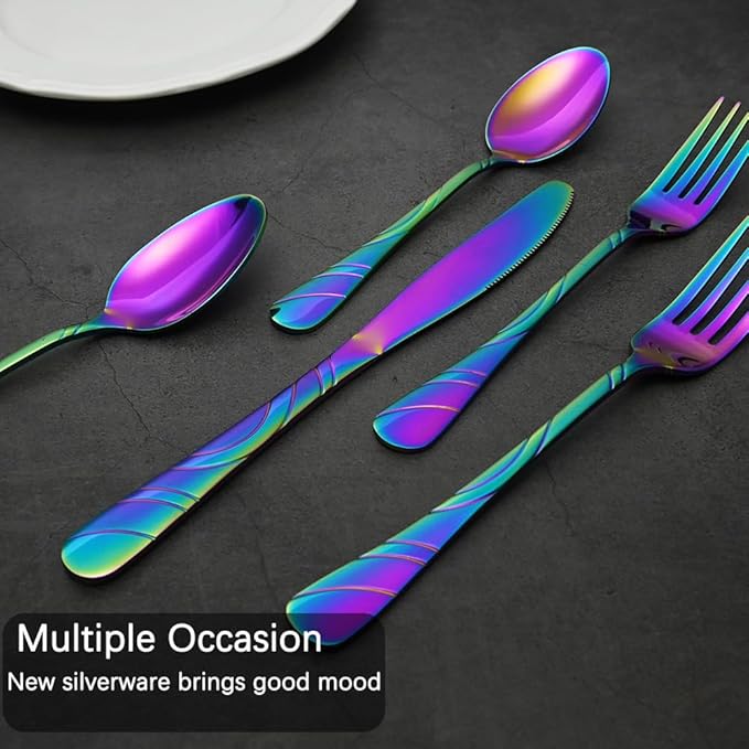 40-Piece Rainbow Silverware Set for 8, 18/0 Frosted & Mirror Finish Stainless Steel Vintage Flatware Set, Modern Cutlery Set for Home Wedding Restaurant Housewarming Party Event Serving For 8