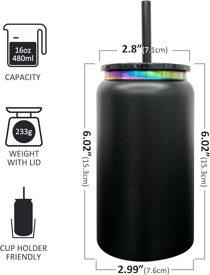 8 Pack Glass Cups with Lids and Straws, 16 oz Stainless Steel Cups, Insulated Skinny Tumbler, Powder Coated Travel Tumblers for Laser Engrave, Iced Coffee Cup for Smoothie Water DIY Gift(Black,8 pack)