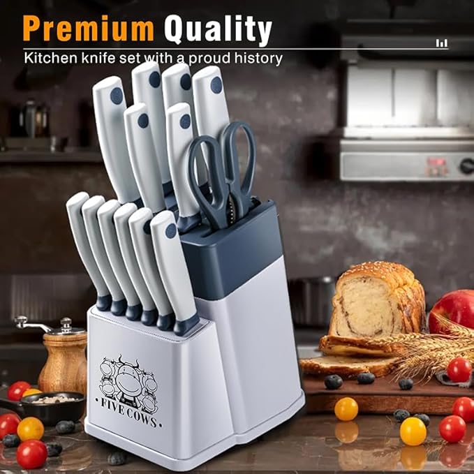 14 Pcs Kitchen Knife Block Set with Sharpener German High Carbon Stainless Steel Chef Knives, Razor-Sharp & Durable, Lightweight Anti-Slip Handle, Professional Set for Home & Kitchen (White)