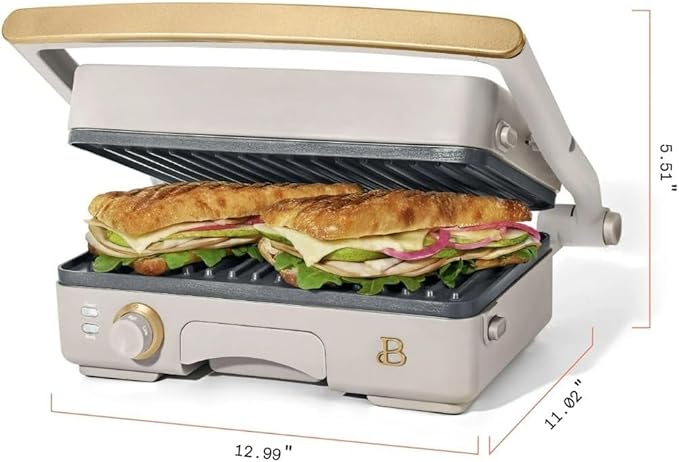 Panini Press Indoor Grill 1 2-in-1200W Non-Stick Removable Plates Sandwich Maker by Drew Barrymoree. (Porcini Taupe)
