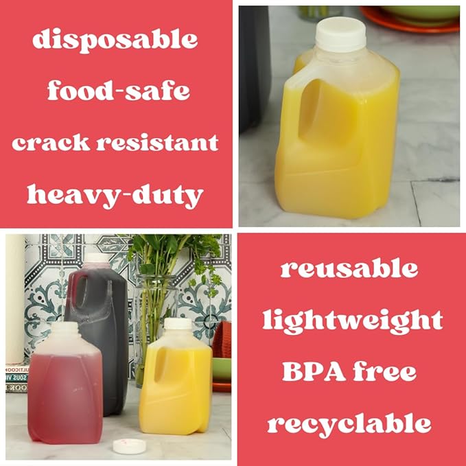 12 Pack – Mini Milk Jugs with Lids – Squat Plastic Milk Storage Containers Hold 1 Quart / 32 Ounces of Juice, Water, Milk, or Tea