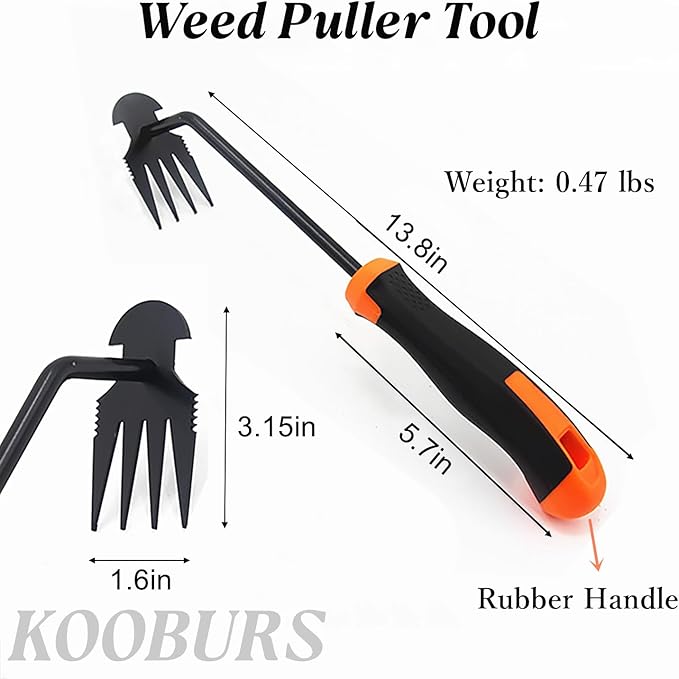 Hand Weeding Tool, Uprooting Weeder Tool Portable Garden Weed Remover with Handle, 4 Teeth Stainless Steel Weed Puller for Garden Backyard Farm Planting & Weeding (Rubber Handle)