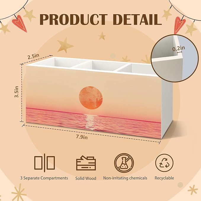 Minimalist Ocean Sunset Wooden Utensils Holder, Pink and Orange Abstract Coastal Nature Seascape Wood Cooking Utensil Holder Organizer for Kitchen Countertop Counter Decor Accessories