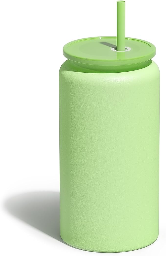 16oz Glass Cups With Lids and Straws, Stainless Steel Beer and Iced Coffee Cups, Smoothie Drinking Cup, Light Green (Textured Matte Finish, Not Sublimatable)