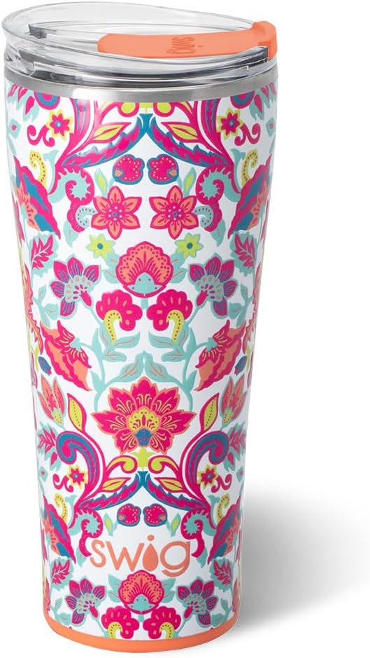 Swig Life 32oz Insulated Tumbler, Travel Coffee Tumbler with Lid, Cup Holder Friendly Travel Coffee Mug, Stainless Steel, 32 oz, Reusable Insulated Mug with Lid (Flourish)