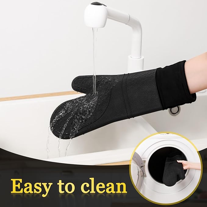 8PCS Oven Mitts and Pot Holders Sets - 480°F Heat Resistant Pot Holders and Oven Mitts, 14.5" Extra Long Silicone Oven Mitts for Cooking, Non-Slip Oven Mitt with Soft Cotton Lining, Black