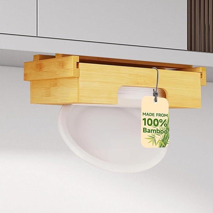 Paper Plate Dispenser Under Cabinet - 10 Inch Bamboo Paper Plate Dispenser, Kitchen Counter Vertical Holder Organizer Countertop Caddy (10 Inch Natural)