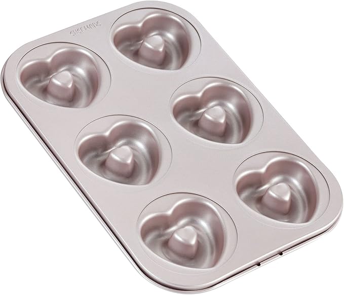 CHEFMADE Donut Mold Cake Pan, 6-Cavity Non-Stick Heart-Shaped Doughnut Bakeware for Oven Baking (Champagne Gold)