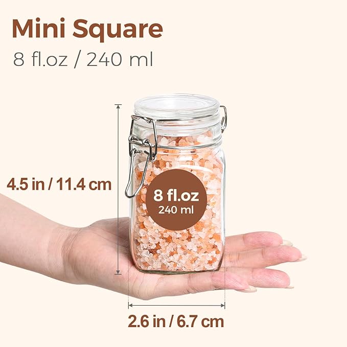 ComSaf Set of 12 Square Glass Jars with Airtight Lids (8 Oz), Pantry Canisters for Spices, Jams, & Herbs, Wire Clamp Jar for Overnight Oats, Pickling, Favors, Includes Labels & Funnel