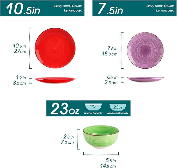 vancasso Bonita Dinnerware Set Muticolor Stoneware 18 Pieces Service for 6, Handpainted Spirals Pattern Stoneware Plates and Bowls Set