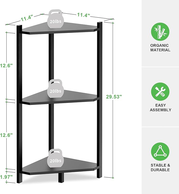 Wisuce Corner Shelf, 100% Real Bamboo Shower Corner Shelves Free Standing Shelf Storage Organizer for Bathroom Living Room Kitchen (Black, 3 Tier)
