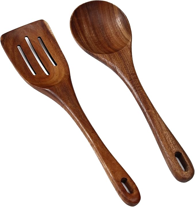 Wooden Spoons for Cooking & Cooking Spatula Turner Set, Premium Teak Wooden Cooking Utensils Set, Wooden Mixing Spoon