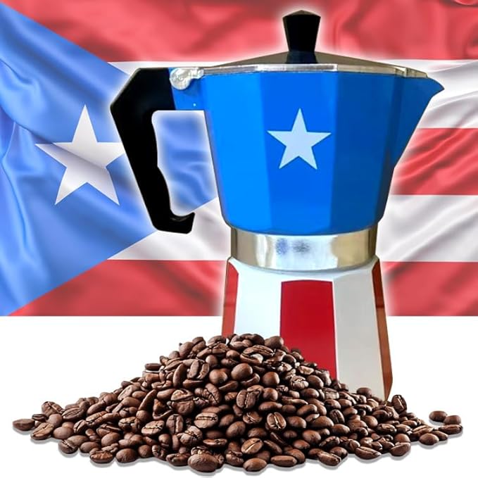 PRK 14 Puerto Rico Coffee Pot – Aluminum Moka Grecas Pot with Puerto Rican Flag Design | Traditional Stovetop Espresso Maker for Authentic Cafe Boricua 6 Cup