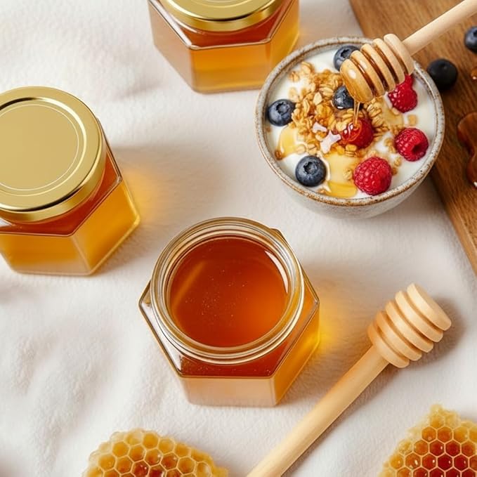 Adabocute Honey Pot 2oz, Mini Glass Honey Jars with Wood Dipper, Gold Lid, Bee Pendants, Beige Gift Bags, Thank-you Tags, Ideal for Baby Showers Favors Wedding Favors, 15 Pack