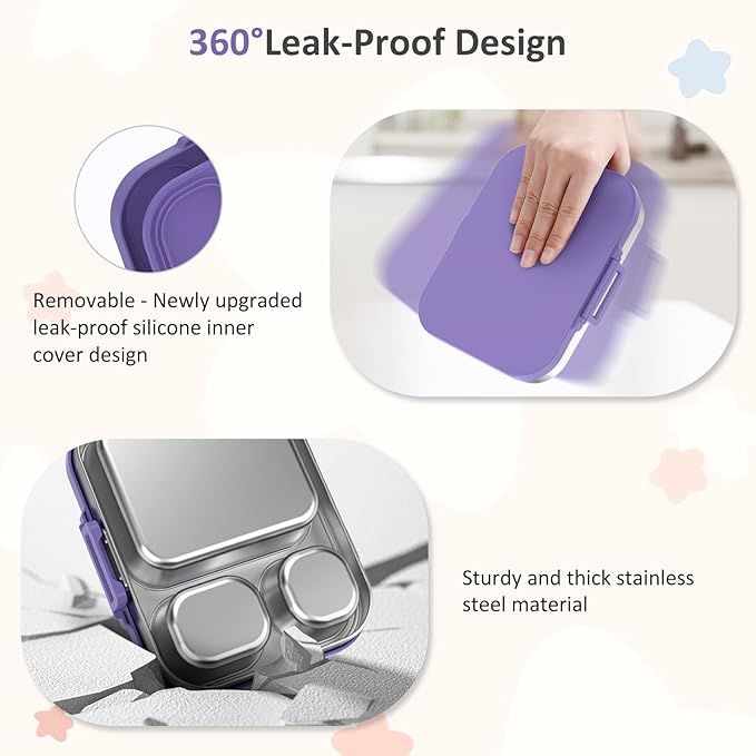 Howeemo Stainless Steel Bento Box Kids, Leak Proof Metal Bento Lunch Box,3 Compartments 304 Stainless Steel Bento Lunch Containers for School and Office,BPA-Free(Purple)