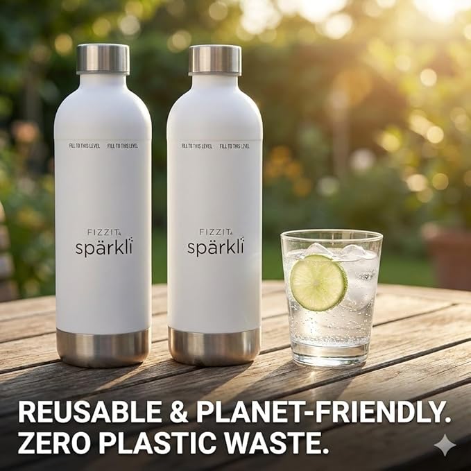 FIZZ IT Spärklí 1L Stainless Steel Carbonation Bottle 2-Pack – Reusable Sparkling Water Maker Accessory Dishwasher Safe Leakproof – Fits Aarke II & III, Philips & More – BPA-Free, Cup Holder Friendly