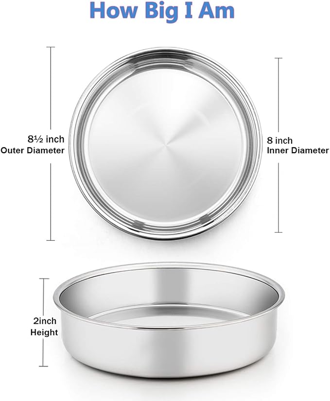 E-far 8 Inch Cake Pan Set of 4, Stainless Steel Round Layer Cake Baking Pans, Non-Toxic & Healthy, Mirror Finish & Dishwasher Safe