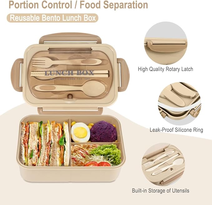 NatraProw Bento Box for Adult, 1200 ML Lunch Containers, LeakProof Lunch Box with Utensils, BPA Free, 3 Compartment Bento Box Microwave Safe, Khaki