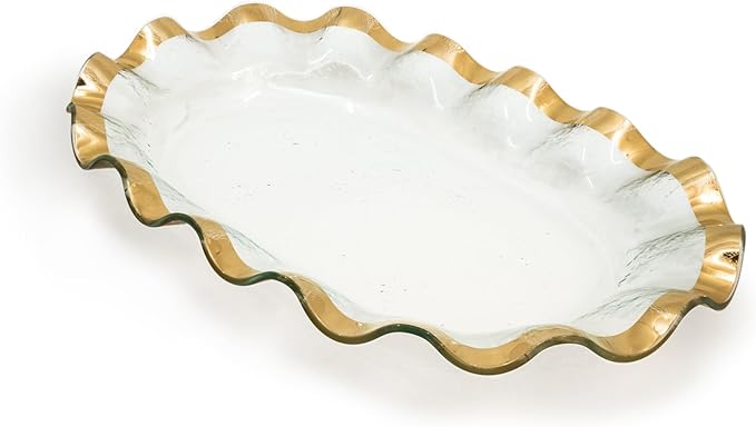 Annieglass Ruffle 19 x 12 Inch Large Shallow Oval Bowl with 24k Gold, Timeless Glass Tableware for all Occasions, Made in the USA