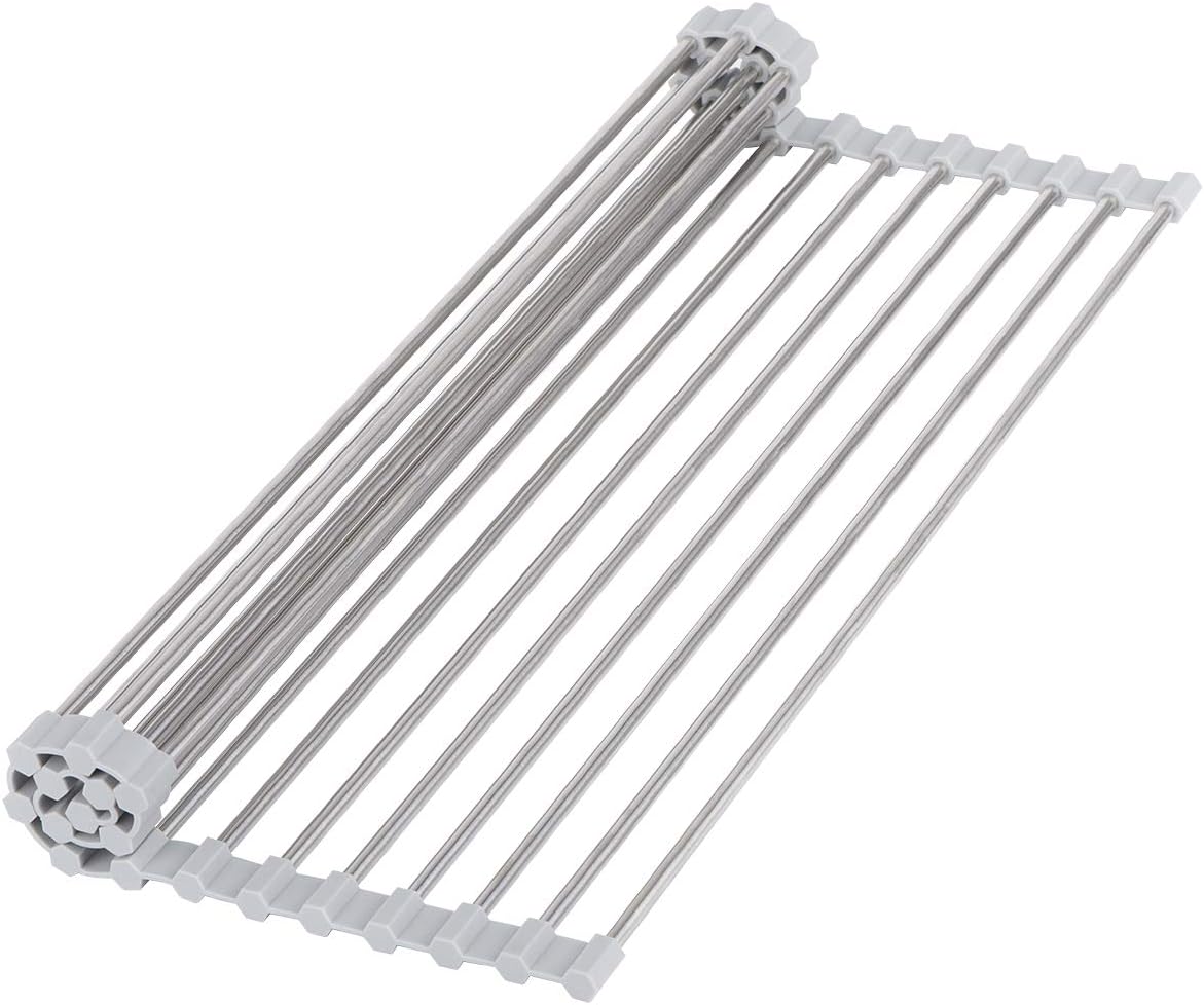 Roll-Up Sink Drying Rack 17.7"(L) x 13.8"(W) - Multipurpose Heat Resistant Over The Stainless Steel & Silicone Dish Rollable Kitchen Drainer, Gray