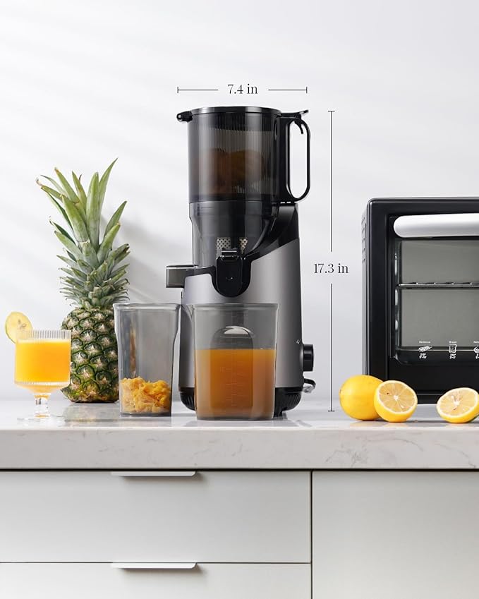 GDOR Cold Press Masticating Juicer Machines, Self Feeding Slow Pure Juicer, 5.3" Extra Feed Chute Fit Whole Vegetable and Fruit, Grey