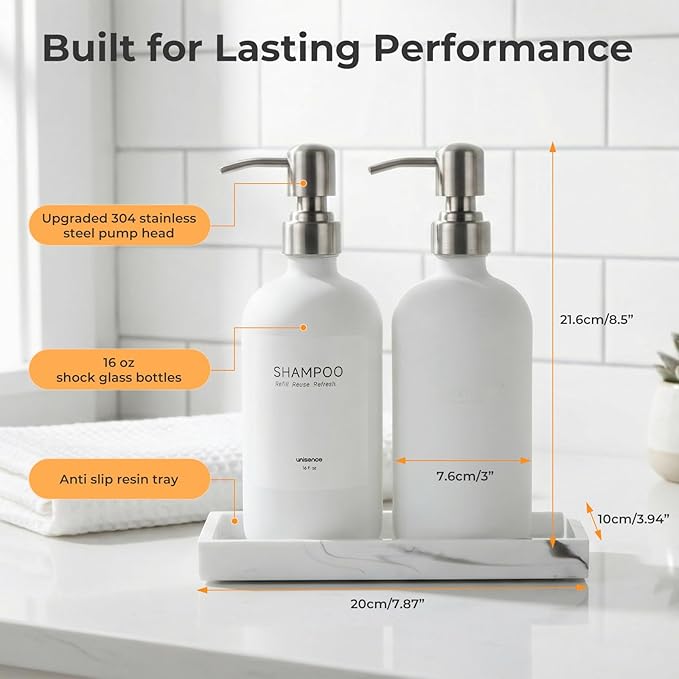 White Glass Soap Dispenser Set for Kitchen, Hand and Dish Soap Dispenser with Stainless Steel Pump & Resin Tray, Perfect for Kitchen,Hotel Rental-Modern Soap Dispenser Decor for Kitchen
