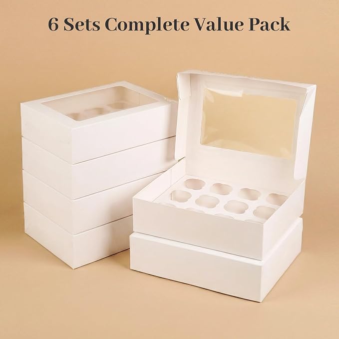VGOODALL 12 Count Cupcake Boxes, 6PCS Cupcake Container with Window Boxes Holding 72 Pastry Box for Birthday Holiday Party Bakery Supplies 13.2"x9.8"x4"
