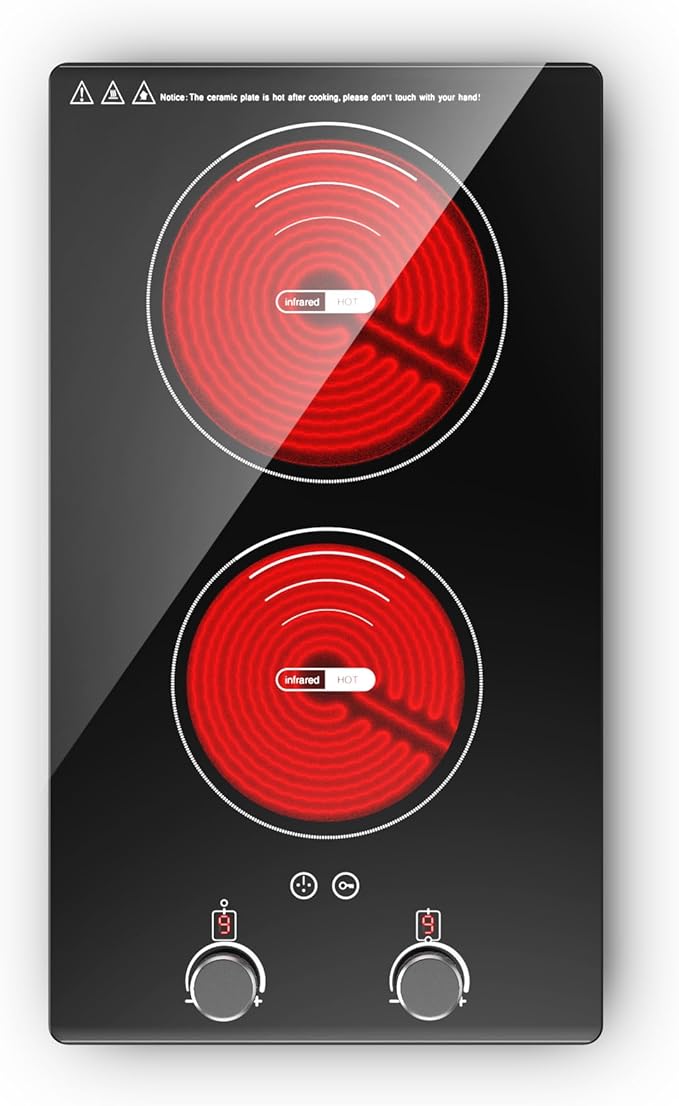 VBGK Electric Cooktop,110V 2400W Electric Stove Top with Knob Control,9 Power Levels, Kids Lock & Timer,LED touch control,Overheat Protection Electric stove,24 Inch desktop 2 burner