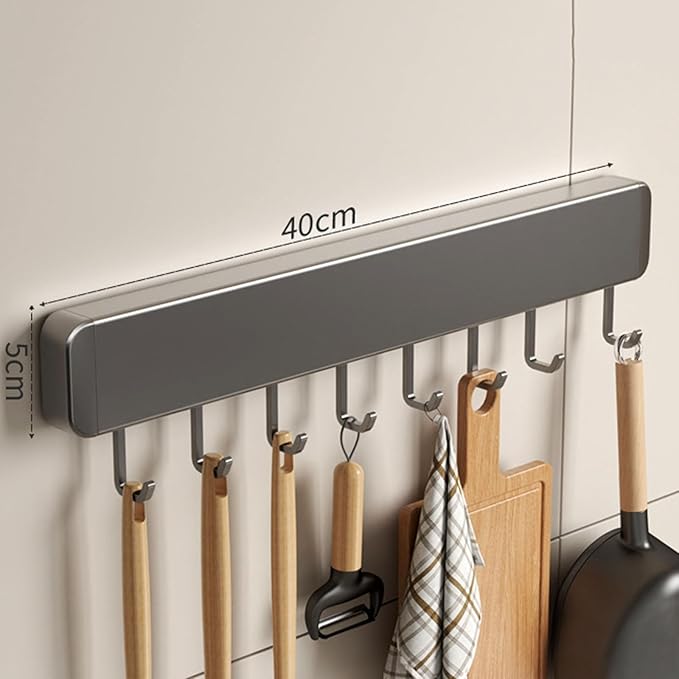 Generic Kitchen Utensil Hanger Wall Mounted Hooks, No Drilling Removable and Adjustable Hooks Kitchen Rail with 8 Hooks for Hanging Cooking Utensils, Mugs, Spoons (8 Hooks), Black