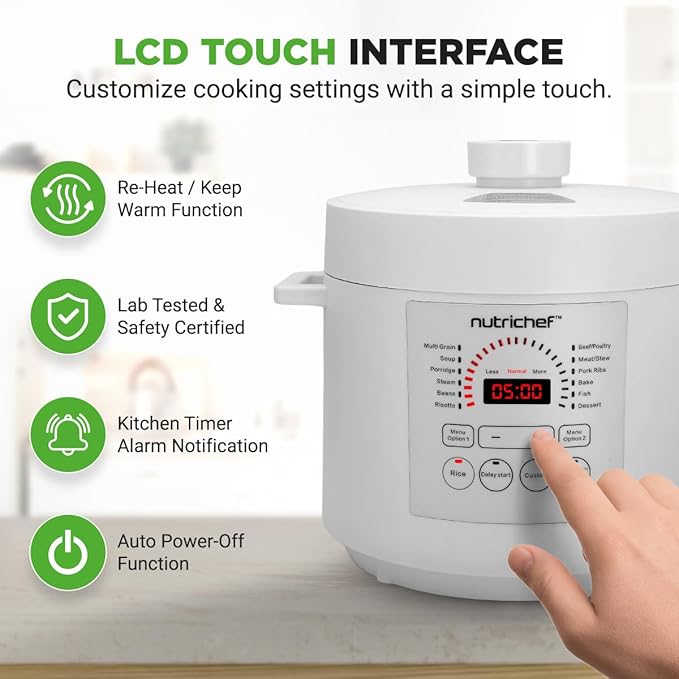 NutriChef 6 Quart Electric Pressure Cooker | 12 Function Digital Countertop Pressure Cooker | Adjustable Time & Temperature | Re-heat and Keep Warm Function | 13.1 x 11.4 IN | White