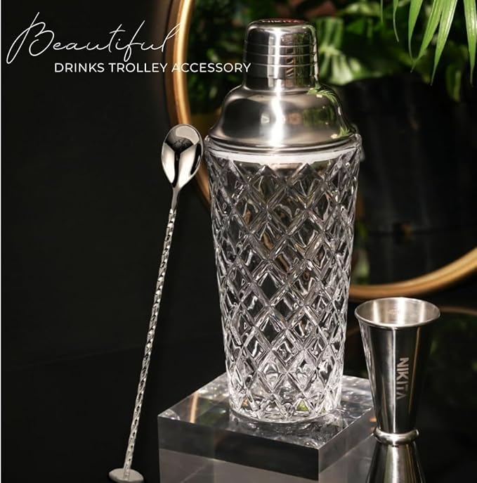 Nikita Cocktail Shaker, 5-Piece Martini Shaker & Bartender Kit with Bar Accessories Strainer, Jigger, Spoon & Muddler, Silver 16oz Drink Mixer with Bartender Accessories