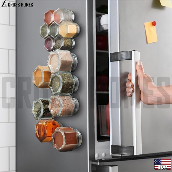 Magnetic Spice Jars Combo Pack 29 Pack (9 Large 4 oz + 20 Small 2 oz) Refrigerator Hexagon Glass Spice Jar Magnetic Lid Shaker Spice Labels Magnetic Glass Spice Container for RV Kitchen Fridge Cabinet