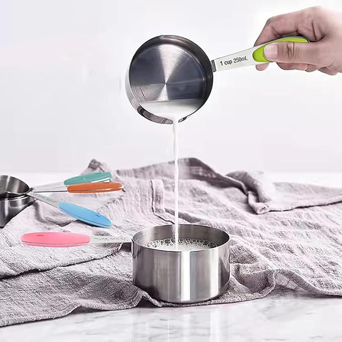 Measuring Cups and Spoons Set with Silicone Handle, Set of 10 Including Stainless Steel 5 Measuring Cups & 5 Measuring Spoons. Widely Used Cooking Baking Measurement as Kitchen Gadget.