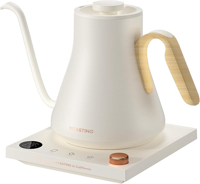INTASTING Electric Kettle, Gooseneck Electric Kettle, ±1℉ Precise Temperature Control, Stainless Steel Interior, Quick Heating for Pour Over Coffee, Tea & Boiling Water, 0.9L (Cream)