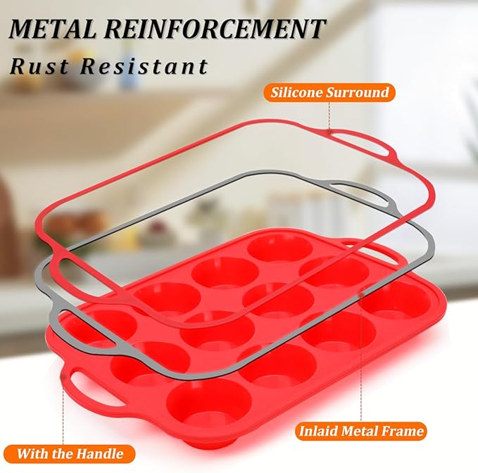 CAKETIME Silicone Muffin Pan, Metal Reinforced Frame Silicone Cupcake Pan Regular Size 12 Cups Nonstick Muffin Tins for Baking Easy to Move 2 Pack Red