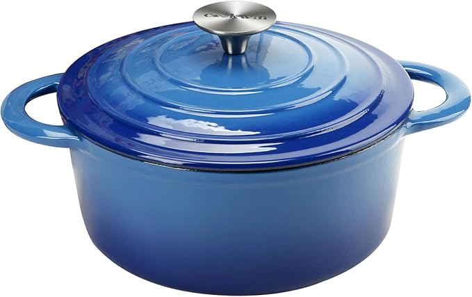 5QT Cast Iron Dutch Oven with Lid, Heavy-Duty Enameled Soup Pot with Dual Handles and Oven Safe for Bread Baking, Braising, Cooking and Family Gifts, Blue