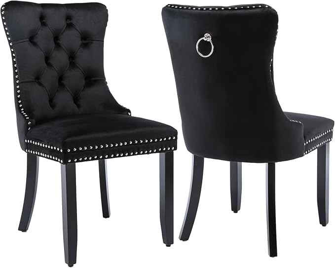 Black Dining Chairs Set of 2,Upholstered Velvet Dining Room Chairs with Back Ring Pull Trim and Solid Wood Legs,Modern Dining Chairs Perfect for Dining Room, Kitchen(Black)